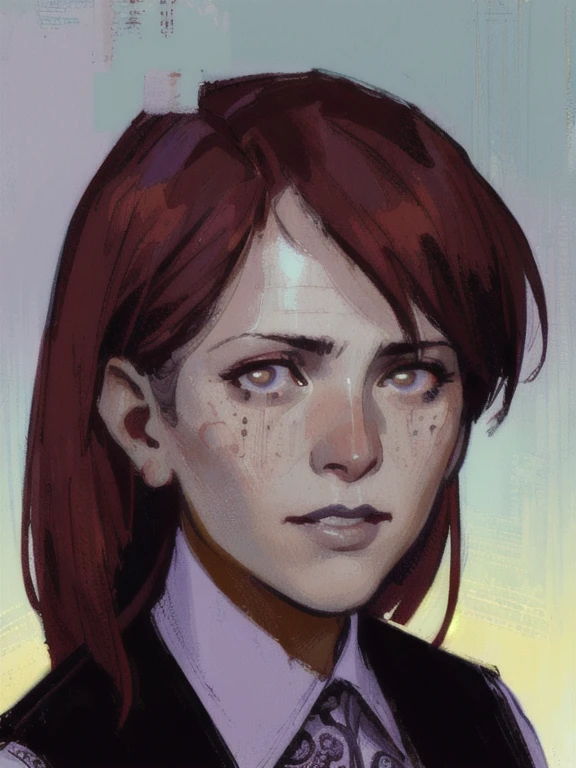 (dark shot:1.1), epic realistic, (A_Rostov_Style:0.5) close-up portrait  illustration, portrait, woman in purple shirt, black vest, round face, flirty dynamic pose, rough brush strokes, soothing tones, calm colors, art by greg rutkowski and artgerm , long red hair, (intricate details:1.12), hdr, (intricate details, hyperdetailed:1.15), faded, (neutral colors:1.2), (hdr:1.4), (muted colors:1.2), hyperdetailed, (artstation:1.4), cinematic, warm lights, dramatic light, (intricate details:1.1), complex background, (rutkowski:0.66), (teal and orange:0.4), art by greg rutkowski and artgerm, soft cinematic light, adobe lightroom, photolab, hdr, intricate, highly detailed, (depth of field:1.4)