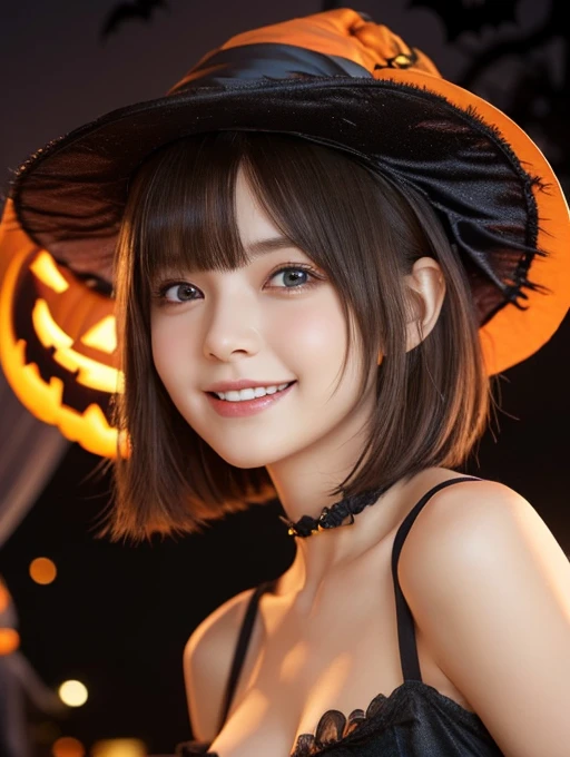 ((from below,upper body),A 25 years old girl, detailed cutie face, beautiful detailed eyes, detailed dropped eyes, left and right eyes are equal,beautiful charming big smile, extremely detailed face,slender body,short hair,anime style, (halloween costume):2.0), Highres fix,colorful lights, pumpkin decorations, haunted house, best quality, 4k, highres, masterpiece, realistic, photorealistic, photo-realistic, vivid colors, intricate details, fantasy, soft lighting, magicalhat