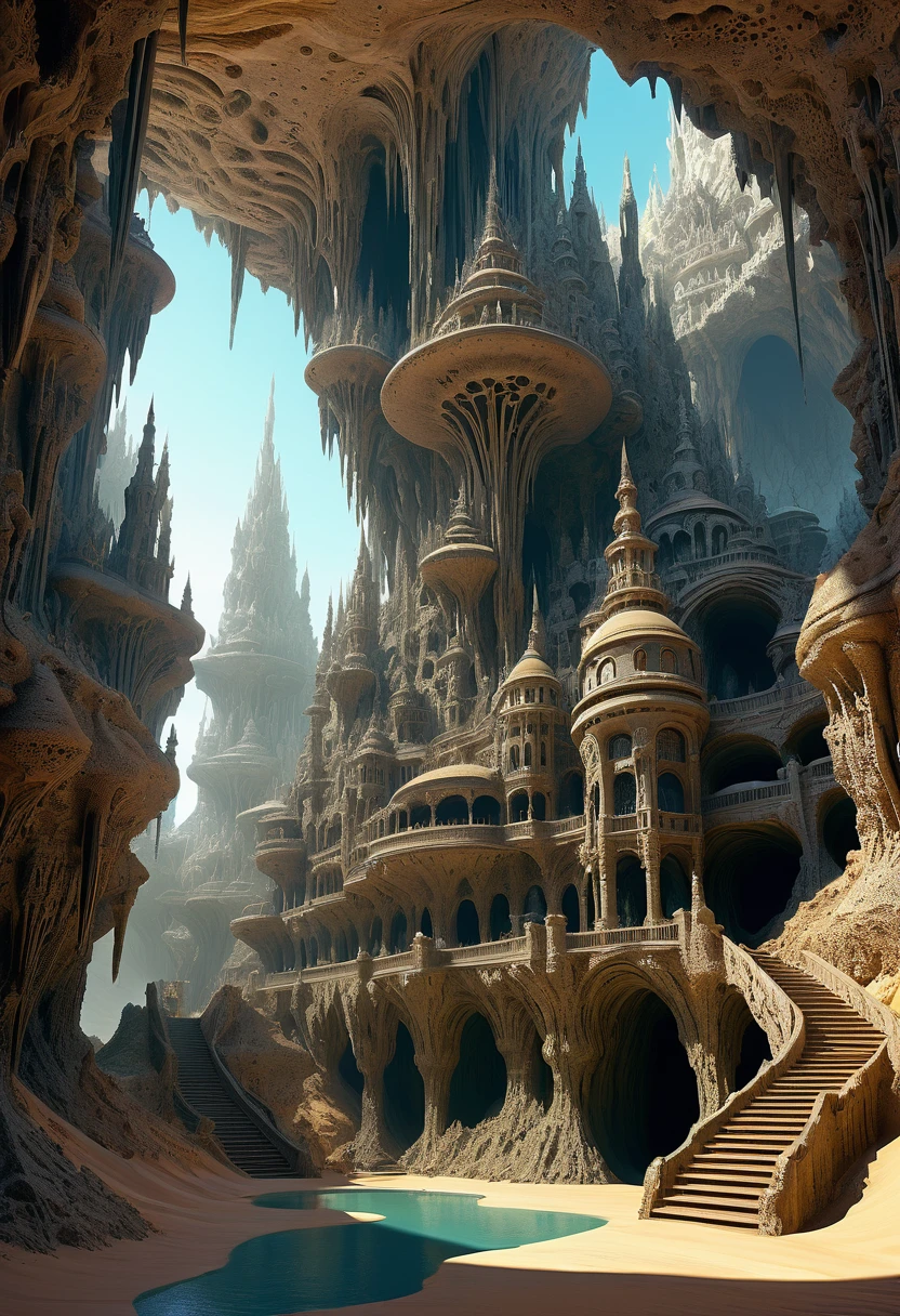 there are many inverted cavities (different rooms, united by mandelbulb projections that form passages) in the middle of an underground canyon that forms a mandelbulb mud village at different heights with many balconies and stalactites and stalactites, fantasy architecture, Highly detailed 4K digital art, beautiful detailed fantasy, stunning fantasy landscape, detailed fantasy digital art, arstation and high beep, fantasy style 8k octane rendering, stuning fantasy 3d rendering, Detailed fantasy in 4K, fantasy 3d rendering, 3D rendering beep, deep and massive desert landscape, stalacmite cave labyrinth type very confusing geonosis bubbes, different perspective, with circular light inlets in the ceiling