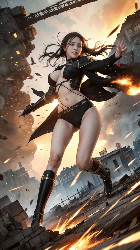 (Giantess element, high resolution, high quality, accurate body structure, detailed body), focus on girl,
BREAK,
Sexy, combat uniform, girl, looking up at approaching woman from below, cute, (girl destroying town with magic: 1.2), mischievous expression, white skin, smiling, trampling, walking, anatomically correct, accurate human body, accurate skeleton, full body portrait, shock wave from girl's hand, magic shock wave,
BREAK,
Destroying town, rubble, burning town, destroyed building, collapsed highway, car being crushed, evacuation of residents, sunset, burning town, rubble scattered at feet, increasing destructive elements, lightning-like aura, in ruined city,