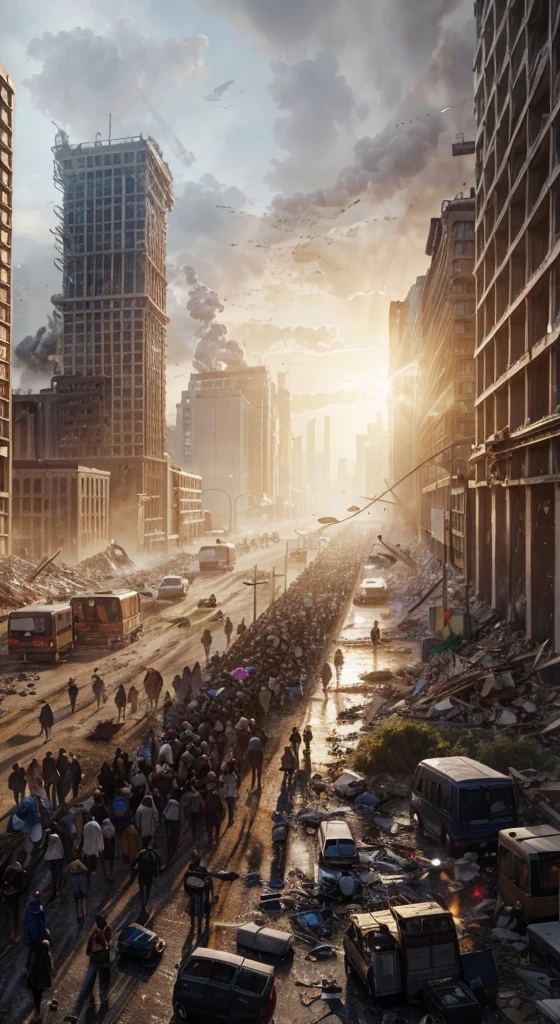 Complete and very real image. people migrating after a catastrophe. Photorealism, full view, very detailed image, very realistic, hyperrealism, cinematography, Ultra HD, 8k, Unreal Engine 5, sharp focus,