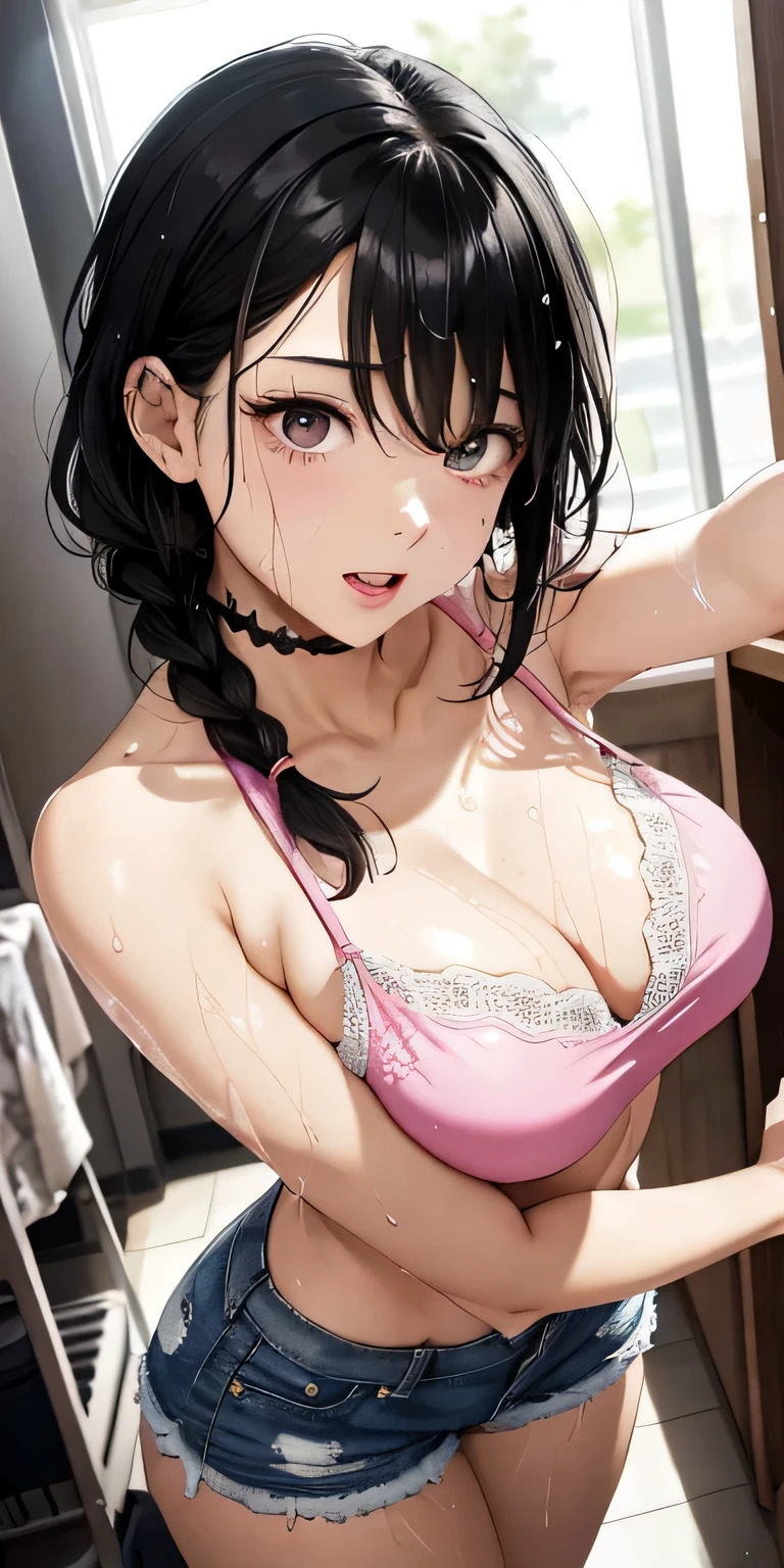 (Black Hair、)kiss、Sweaty、((my breasts are wet with milk))、(Climax Face)Braiding、Cute Face Paint、Realistically、(Two 35-year-old women hugging each other)、Wearing a pink and yellow lace camisole,Denim shorts,Big Breasts,Accentuate your cleavage,Looking up from below,blush,moist pink lips,sexy,Own,Please open your mouth wide、Place your arms behind your head、Wear underwear