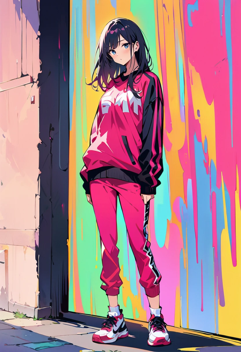 (masterpiece, Highest quality:1.2), （（Sexy and sporty woman））,1 person, A loose fitting jumper, short, Basketball Shoes, Ankle socks, whole body, colorful,Beautiful composition,Beautiful silhouette,Anatomically correct skeleton