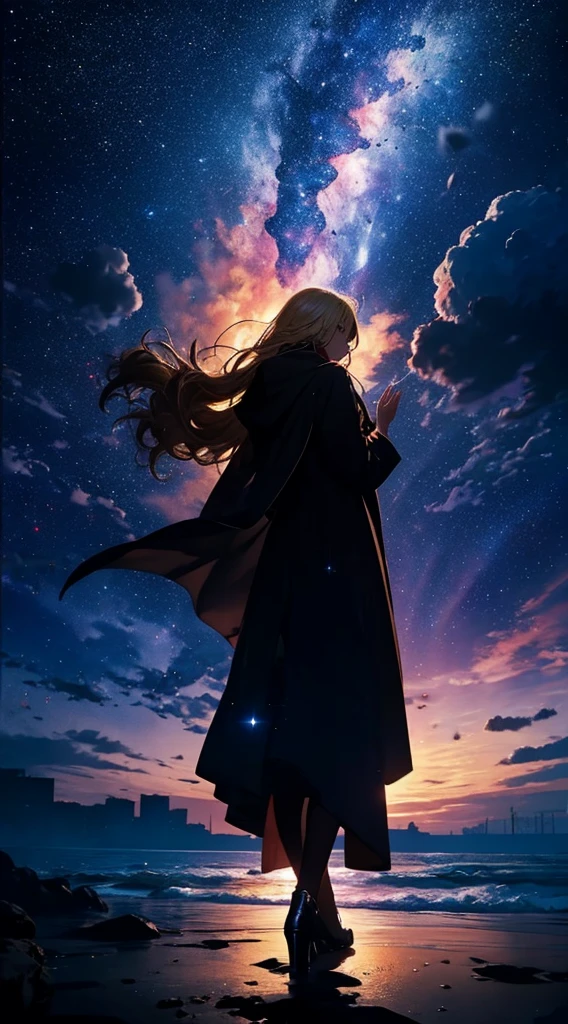 １people々,Blonde long-haired woman，Long coat， Dress Silhouette， Rear View，Raise your hand to grab something，Space Sky, The boundary between sea and space，