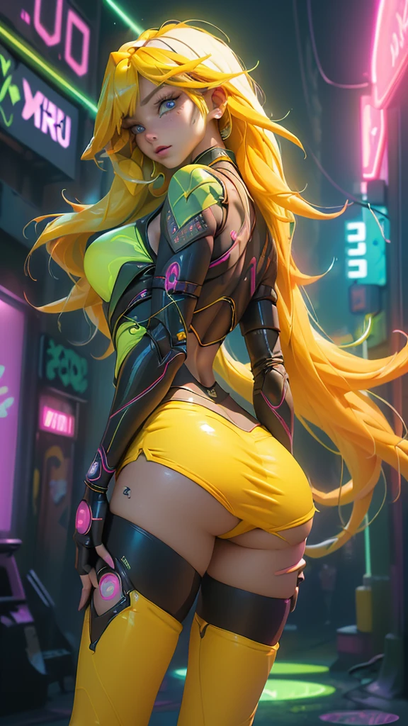 (back view, back view),(Best quality,a high resolution,Ultra - details,valid)、(Mirai ciborg :1.4) , cyberpunk、big buttocks、get down on your knees、An electronic visor is attached to the face of a -yeld gi focusing on her buttocks..、(miniskirt with white panties:1.4)  ,Mirai Red latex body,Cyberpunk mode、sexy pose、(Wear yellow leggings on your lower body.、breast enlargement、(background Neon lights in a dark city at night:1.4),unreal engine:1.4,HD,La Best quality:1.4, photorealistic:1.4, skin texture:1.4, masterpiece:1.8,masterpiece, Best quality,（beautiful blue eyes ）,( neon pink cyborg),(Ideal Anatomy :1.4 ),(ciborg Mirai bodysuit verde neon:1.4 ) ,(Mirai:1.4), (big butt and thighs),( Convex detailed fingers), (long yellow hair :1.4 ) 