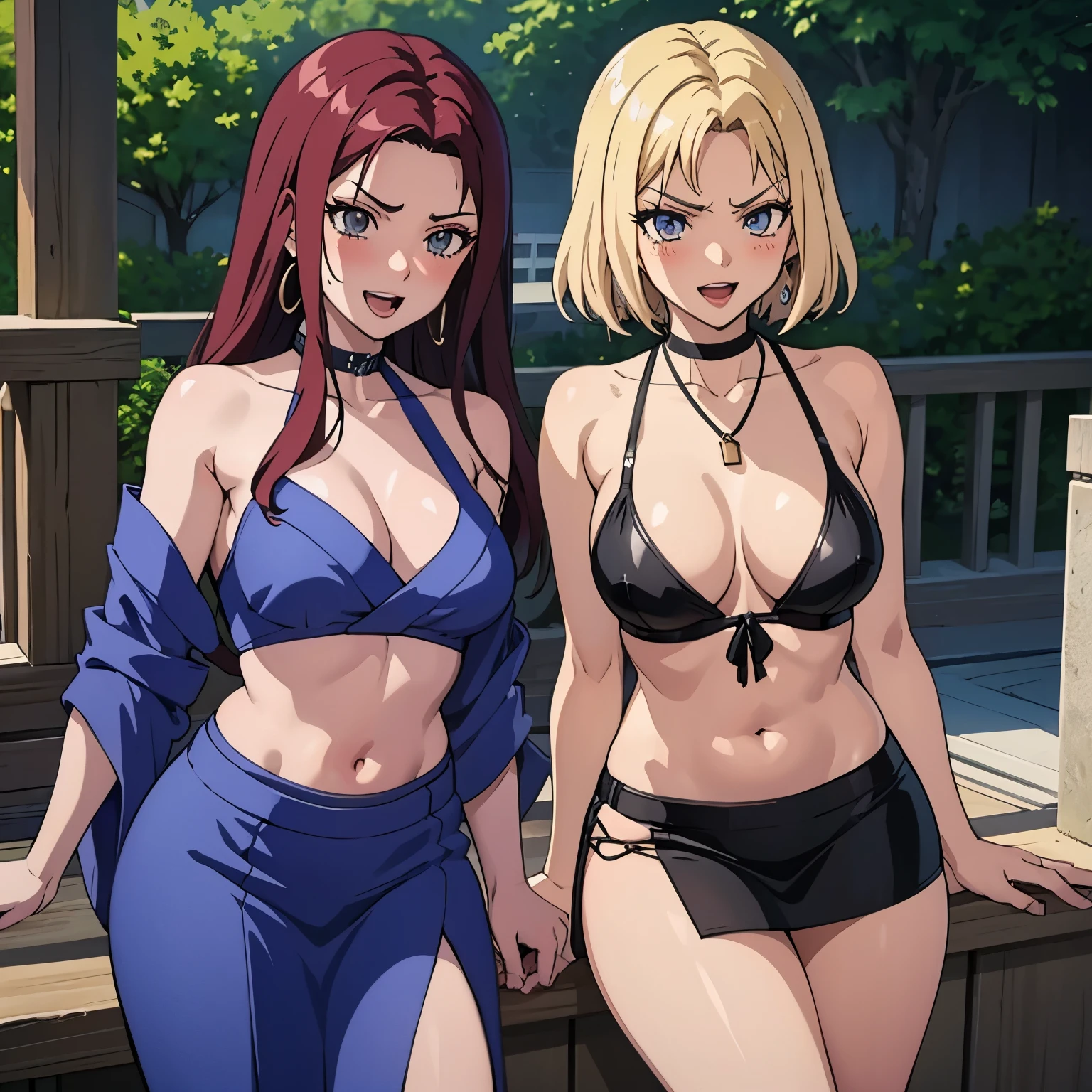 choker, two girls, 2girl, earrings, necklace, large breasts, long hair,, blush, lipstick, Hot girl, baddie, staring, glaring, bad attitude, mean girl, crazy, smoking, sensual, attractive, masterpiece, best quality, highly detailed, a anime girl in kimono dress ,holding sword, bare
shoulder,open kimono, evil smile, open mouth, crop top , (nsfw) not safe for work, smile, ecchi anime
style, anime girls, ecchi style, ecchi, digital anime art!!, in anime style, official artwork, visual novel cg,
beautiful anime girl, anime style 4 k, kimono pencil skirt, exposed belly, exposed navel,
exposed midriff, exposed lower belly, outdoor, japanese architecture, temple
