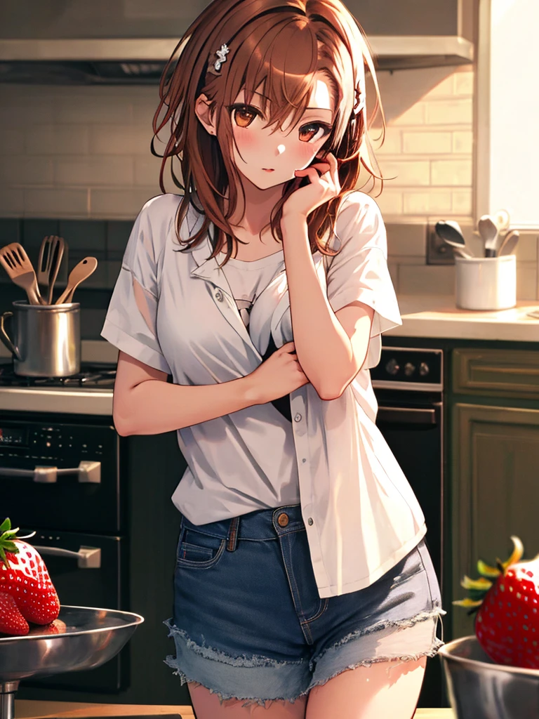 Using the female Saotome Ranma prototype, make a girl,Clear contours, Colorful full body photos, (Beautiful and delicate eyes), (pretty face:1.3), childish face, Red short hair with single ponytail, (Bangs), bumpy Bangs, blue gray eyes, big eyes,Big breasts,White long-sleeved shirt(fine lace),Yellow chiffon wide-legged high-waisted loose and elegant nine-point pleated skirt(Practical:1.2),(Floral Print), (The actual upper and lower body clothes are:3.7 scale),Face the camera head-on,One foot is slightly bent against the calf of the other leg。