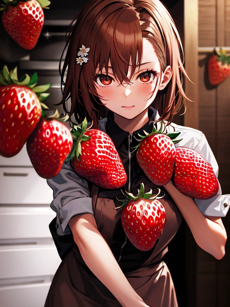  A Strawberry, Kitchen background, Misaka Mikoto, highest quality, 1girl, uhd, retina, masterpiece, ccurate, anatomically correct, textured skin, super detail, high details, high quality, best quality, highres, 4K