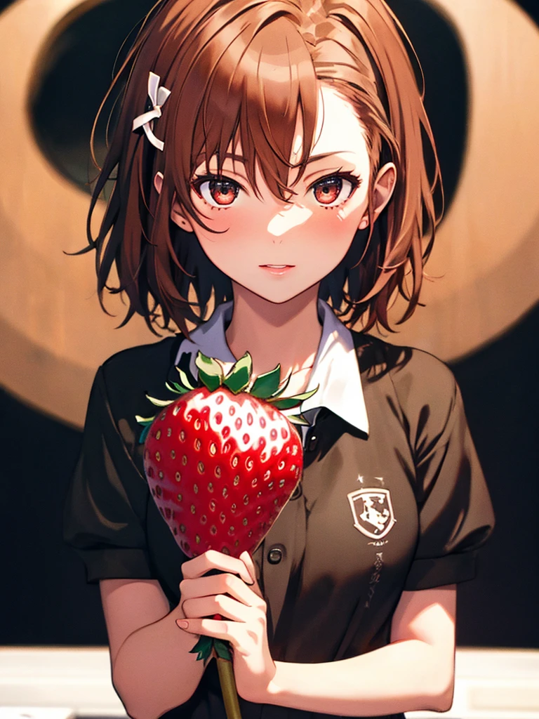 A Strawberry, Kitchen background, Misaka Mikoto, highest quality, 1girl, uhd, retina, masterpiece, ccurate, anatomically correct, textured skin, super detail, high details, high quality, best quality, highres, 4K