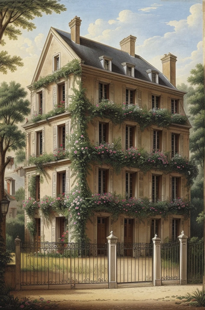 the old house,in paris,in 1830,in the middle ages,flower filled garden,two-story building,gate,Two-storey,realistic picture