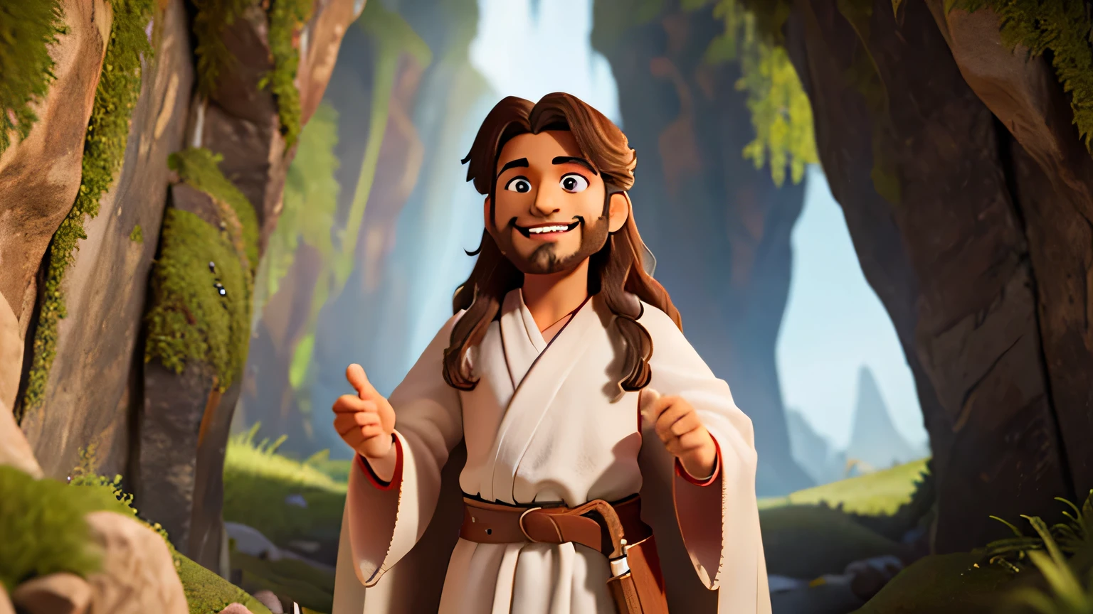 Jesus man, wearing white robe and red belt, smiling near the entrance to a cave with a rock wall, detailed eyes, extremely detailed face, intricate robes, warm lighting, vibrant colors, photorealistic, 8k, masterpiece, film composition, lighting dramatic, volumetric lighting, chiaroscuro, divine, spiritual, serene, hopeful, bright aura, 4k, ultra detail