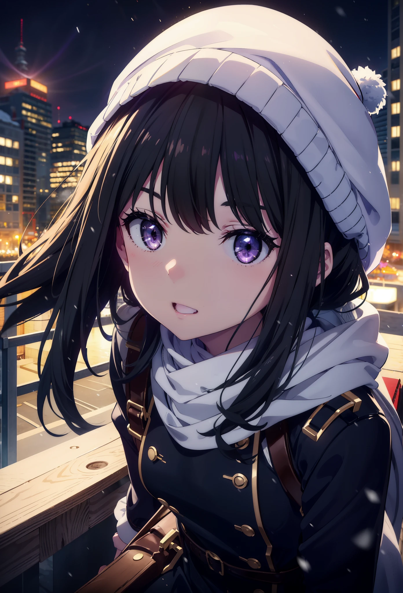 Takiuchikami,Long Hair, bangs, Black Hair, (Purple eyes:1.2),happy smile, smile, Open your mouth,Knitted hat,Long coat,White Sweater,White scarf,Long skirt,Black pantyhose,short boots,snowが積もっている,snowが降っている,winter,Cold Sky,night,moonlight,snow,snow,snow,snow,whole bodyがイラストに入るように,Walking,
break looking at viewer, whole body, 
break outdoors, city,construction area,
break (masterpiece:1.2), Highest quality, High resolution, unity 8k wallpaper, (figure:0.8), (Beautiful attention to detail:1.6), Highly detailed face, Perfect lighting, Highly detailed CG, (Perfect hands, Perfect Anatomy),