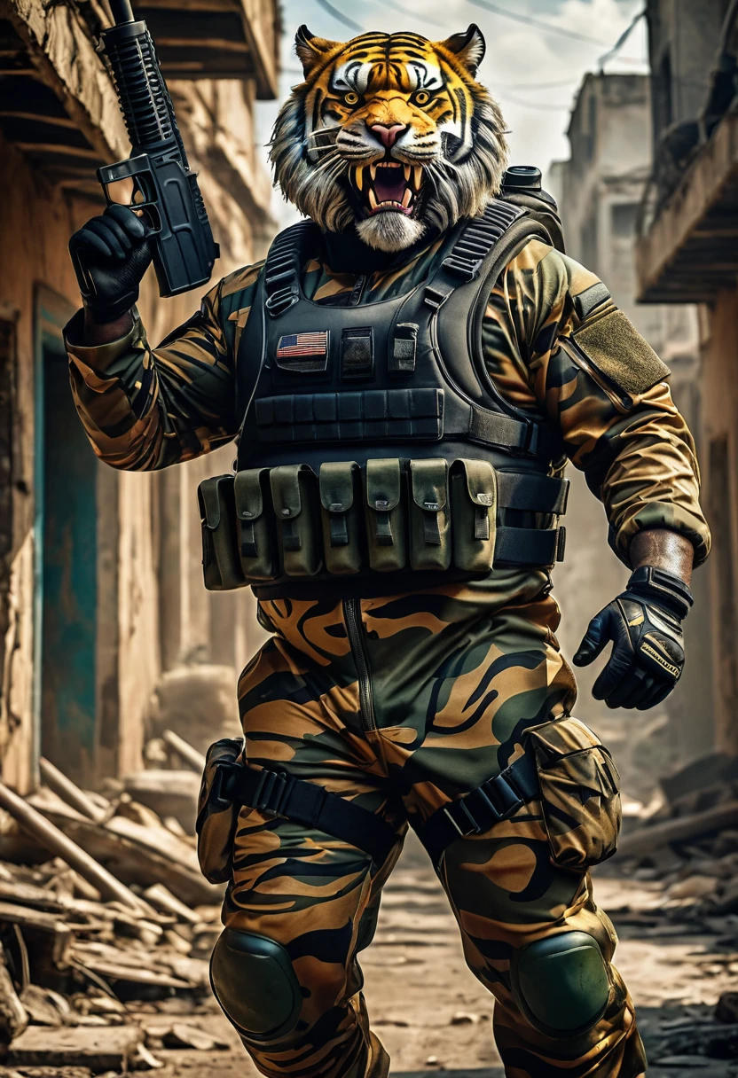 (a dark-skinned bearded fat muscular old man in a bulky army camouflage zipper diver suit) carrying a gun, (wearing realistic roaring tiger mask), dynamic action pose, fierce expression, showcasing an imposing stature, surrounded by military elements, dramatic shadows and intense highlights, cinematic color tones, high detail, powerful, art influenced by Bruce Onobrakpeya and Stanley Artgerm, ultra-detailed, best quality image, action-packed atmosphere, patrolling in a ruined town.