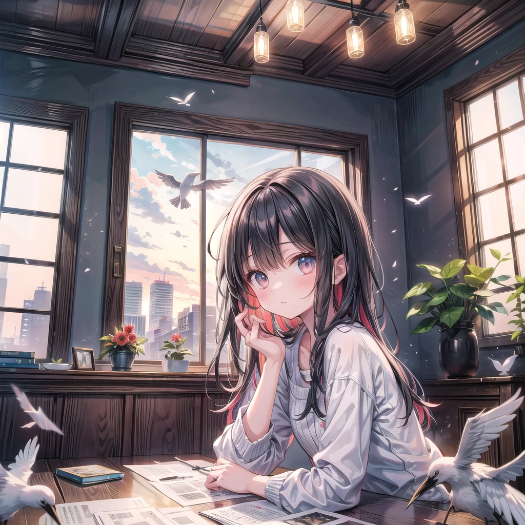 "Dreamy watercolor depiction of a young girl folding origami cranes in a quiet room. The room is filled with hundreds of colorful paper cranes hanging from the ceiling, creating a vibrant and hopeful scene. A gentle breeze causes the cranes to sway softly. Through the window, the Hiroshima Peace Memorial is visible, bathed in the soft light of dawn. The girl's expression is peaceful and focused, symbolizing the power of small acts of remembrance and hope."