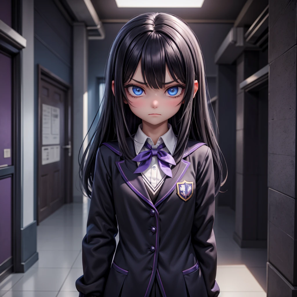 8k, high resoultion, an evil looking intiminating girl with blue eyes and long dark hair and a small chest, dark school atmosphere, dark colours, purple-black shaded, detailed eyes, smooth skin, school uniform, close up with full upper body in frame, school background, school hallway