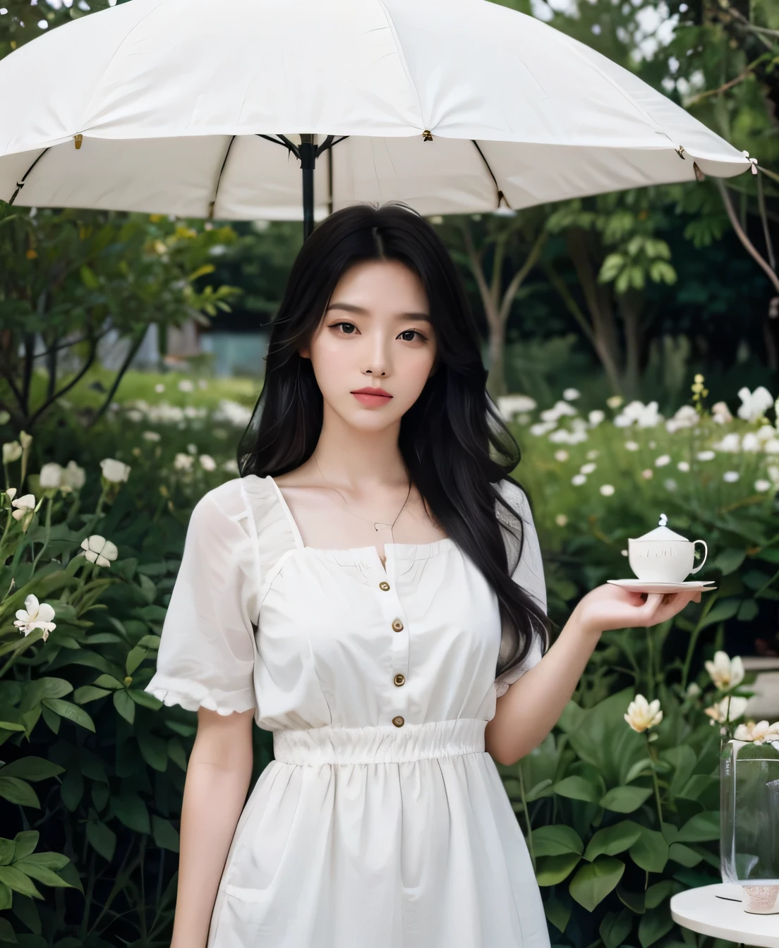  High target_solve, clearly_image ,girl, flower,flower园,moon, High quality 8k photo of female model standing in the garden. v-shaped face. Deep soulful eyes. thick lips. Wear a round neck dress. short sleeve dress. Has pink chest pocket. Polite, modern, gentle style. afternoon tea. Garden scene, tea table, glass cage with European motifs. sunny. Girl standing next to the tea table