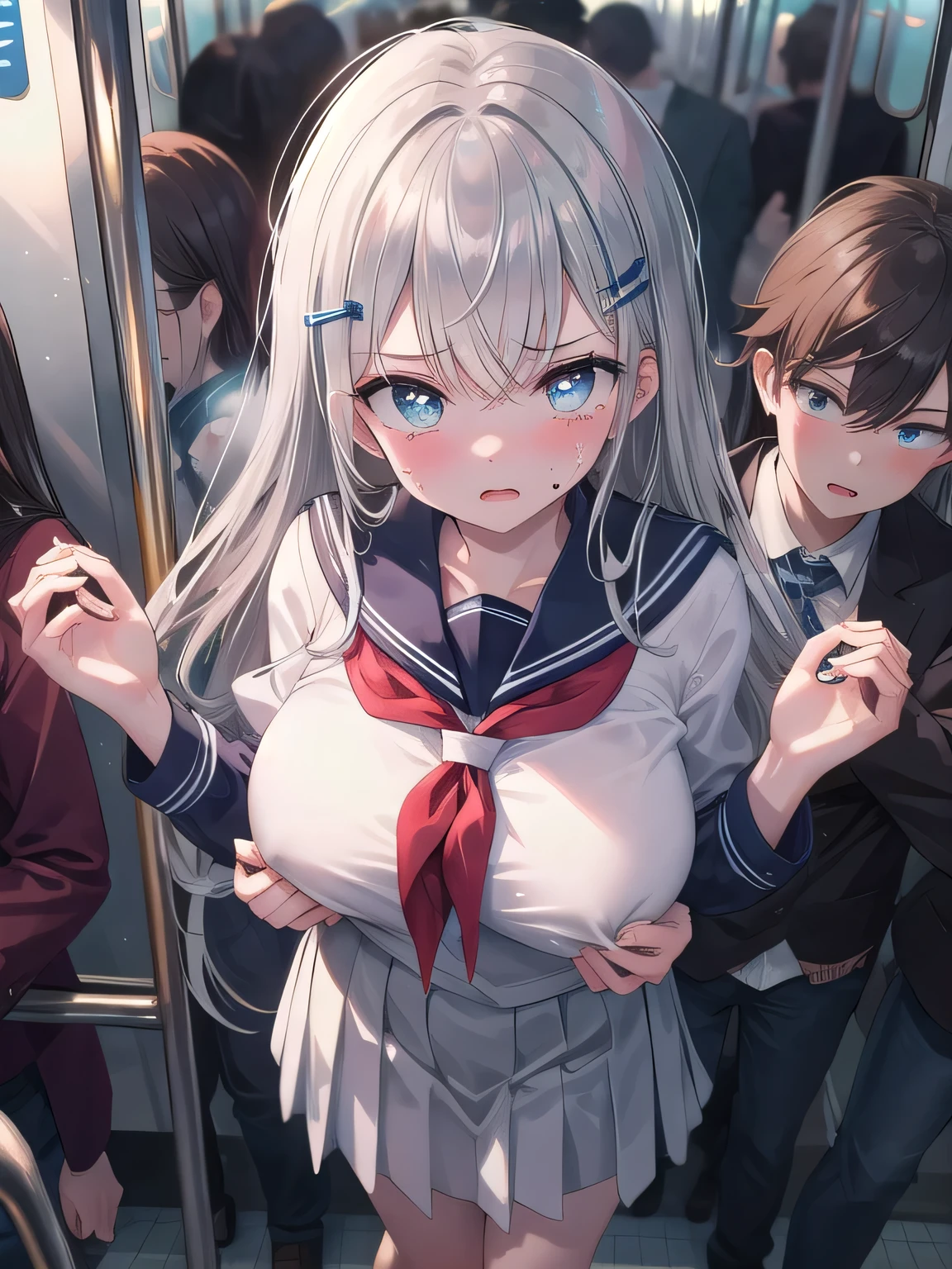 (8K, highest quality, masterpiece:1.3)), ultra high quality, (one girl, solo), (color changing eyes, ultra detailed, expressive glow, sparkling eyes), highly detailed eyes, highly detailed face, random hair, (hair color: silver), (troubled face:1.3), breath, white skin, hair clip, crowded train, (passengers groping breasts), (breasts being touched), molester, standing, angle from above, crowd, sailor uniform, crowd, crowded,