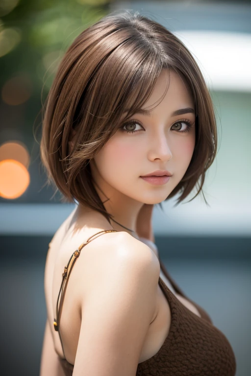 1 beautiful girl, short hair, shill, brown hair, realistic textures, highest resolution, big breasts, Bokeh,