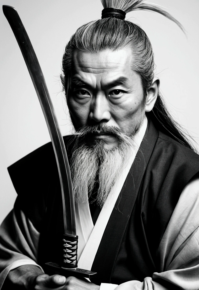 Black and white images,Gray Hair,White long beard,Alafed image of a man with a sword in his hand, samurai portrait, inspired by Kanō Sanraku, miyamoto musashi, ancient Japanese Samurai, samurai portrait, Japanese Samurai, Inspired by Wu Daozi, Samurai Style, Samurai Man Wanderer, Traditional Japanese concept art, Works inspired by Kano Hogai
