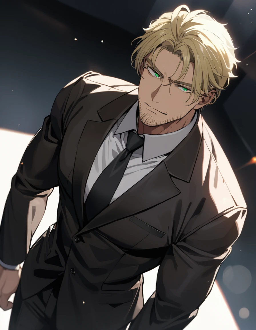 1man, veteran CIA agent, handsome mature, business hair with asymmetry bangs, narrow stubble, green platina blond hair, emerald eyes, 45yo, masculine gentleman, charming caucasian, ordinary uncle, pentagon shaped head, BREAK ideal ratio body proportions, middle weight muscular, beautiful detailed eyes, dark iris, BREAK solo, man in black suit, white shirt, black necktie, softly smile, BREAK upperlegs, dandy posing, dramatic expression, 2010s, visual novel, in newest eroge style, dutch angle, cinematic shadows, cinematic lighting, lens flare, extreme all detailed, masterpiece, best quality