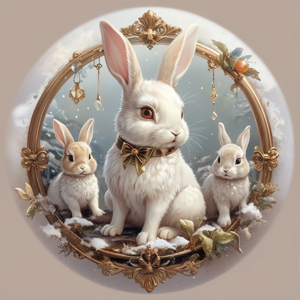 masterpiece、Highest quality、care、delicate、No background、Collage Design、Sticker design、Seal Design、Evenly spaced、Baby rabbit、Her eyes sparkle、Cute Bunny、female、大きなレースとリボンをtけているうさぎ、Various rabbits、Various poses、Fantasy、antique、key、Pocket watch、hourglass、antiqueデザイン、A lot of rabbits、１t１tデザイン大きい、Large margin for design、The designs are far apart、Bow knot、With border、(((winter、snow、snowの結晶)))