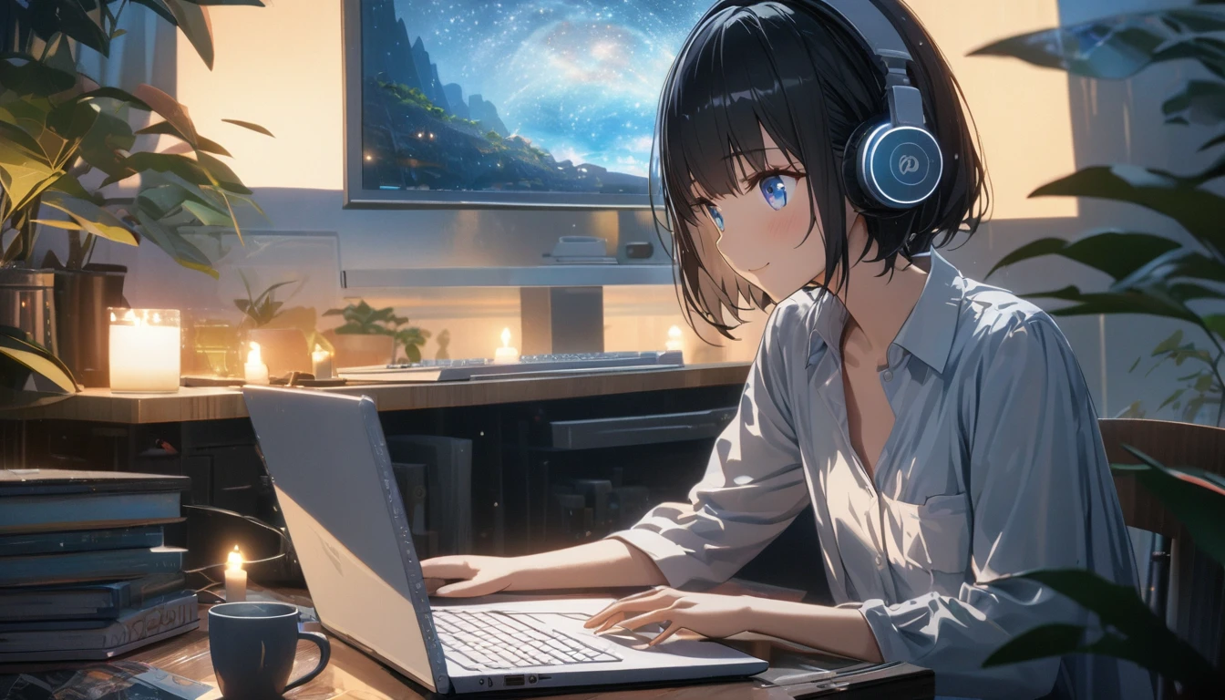 1girl, solo, blue eyes, (detailed eyes), gentle smile on her face flat chest, short hair, black hair, upper body, wearing a white dress shirt ((masterpiece, illustration, best quality)) rainy night, a girl studying while listening to music with headphones, the night view is very beautiful with beautiful candle on her table. there are plants in the background, She is typing her laptop with a beautiful night view with books and plants in the background with coffee on the desk, 濃い青とBeautiful Blueのグラデーション, High resolution, 8K HD detail, hyper-detail, cinematic, surrealism, soft light, deep field focus bokeh, ray tracing and surrealism. --v6