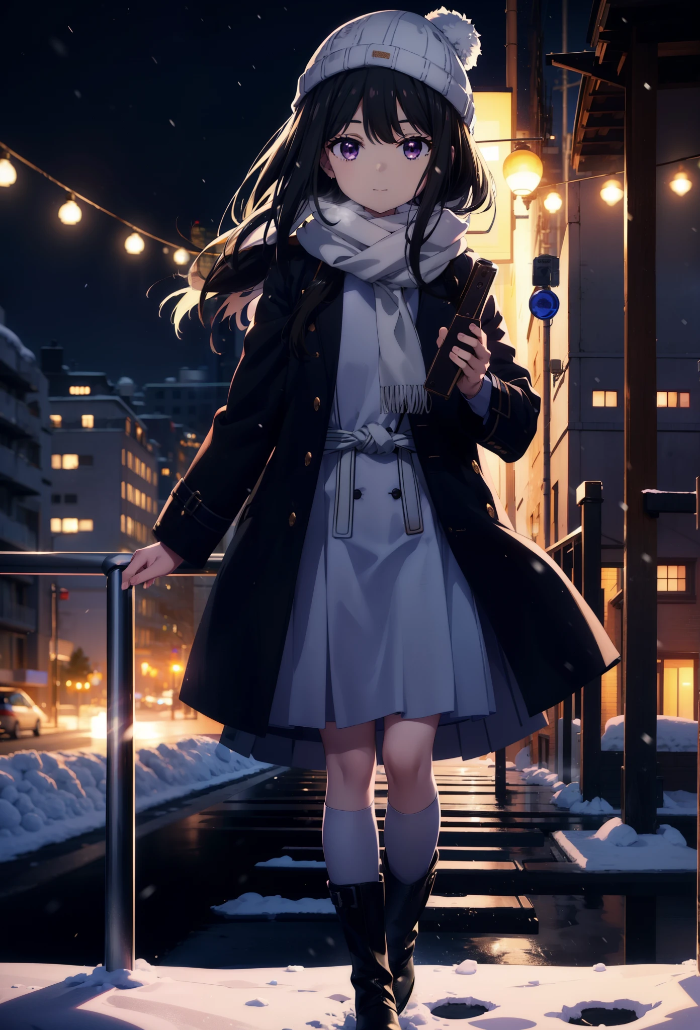 Takiuchikami,Long Hair, bangs, Black Hair, (Purple eyes:1.2),happy smile, smile, Open your mouth,Knitted hat,Long coat,White Sweater,White scarf,Long skirt,Black pantyhose,short boots,snowが積もっている,snowが降っている,winter,Cold Sky,night,moonlight,snow,snow,snow,snow,whole bodyがイラストに入るように,Walking,
break looking at viewer, whole body,
break outdoors, city,construction area,
break (masterpiece:1.2), Highest quality, High resolution, unity 8k wallpaper, (figure:0.8), (Beautiful attention to detail:1.6), Highly detailed face, Perfect lighting, Highly detailed CG, (Perfect hands, Perfect Anatomy),