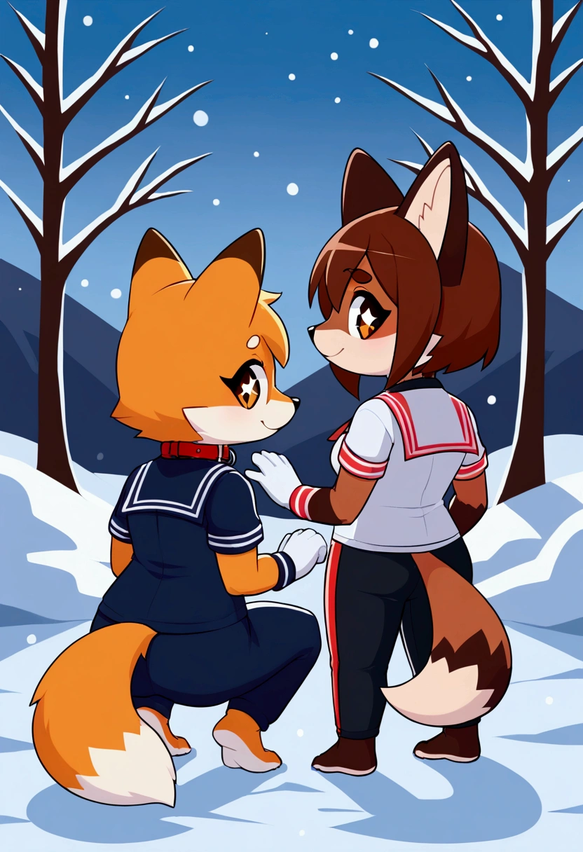 2girls, fox and tanuki, furry, bodyfur, tail, collar, sailor suit, short sleeves, jersey pants, long pants, white gloves, snow gloves, barefeet, chibi, sparkling eyes, full body, snow, squatting, looking back, fart