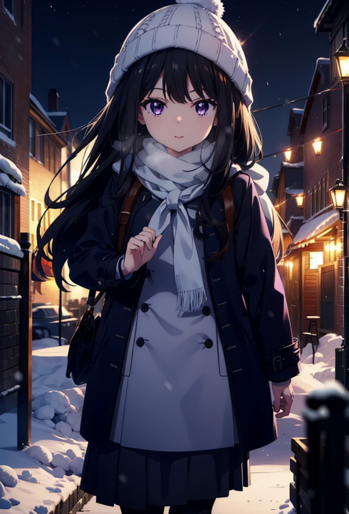 Takiuchikami,Long Hair, bangs, Black Hair, (Purple eyes:1.2),happy smile, smile, Open your mouth,Knitted hat,Long coat,White Sweater,White scarf,Long skirt,Black pantyhose,short boots,snowが積もっている,snowが降っている,winter,Cold Sky,night,moonlight,snow,snow,snow,snow,whole bodyがイラストに入るように,Walking,
break looking at viewer, whole body,
break outdoors, city,construction area,
break (masterpiece:1.2), Highest quality, High resolution, unity 8k wallpaper, (figure:0.8), (Beautiful attention to detail:1.6), Highly detailed face, Perfect lighting, Highly detailed CG, (Perfect hands, Perfect Anatomy),