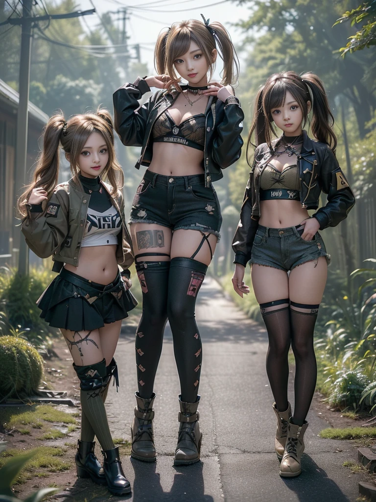 (Three Girls, 3 girls:1.5)、(Full Body View:1.3)、(Hostess:1.3)、(Smiling with teeth showing:1.3),(Shibuya Gal:1.5)、(Gothic ta gravure model:1.4)、(Loliashion:1.5)、(Punk RockVisual Kei:1.4)、(A modern short jacket in dark grey and moss green.:1.5)、(Tattered brown and charcoal denim low rise cargo pants:1.5)、(Mustard Yellow Headband:1.3)、(Charcoal and khaki striped knee socks:1.4)、collar、(Brown platform long boots)、(Clothing with logo pattern:1.4)、20-year-old、Browsing Caution,((Highest quality、In 8K、masterpiece:1.3))、Sharp focus:1.2、(Layered Cut、Huge breasts:1.1),Beautiful woman with perfect figure:1.4、(Doing an aerobics pose:1.3)、Slim Abs:1.2、Butt、Highly detailed face and skin texture、Fine grain、double eyelid,(Twin tails:1.3)、(Brown-golden hair:1.3)、Obscene、Idol Sculpture、(The three of them are posing together in a cute way.:1.3)、(The landscape is a beautiful temple of water and forest:1.3)、(Slimming your legs:1.4)、(The body is slim:1.3)、(clavicle:1.1)
