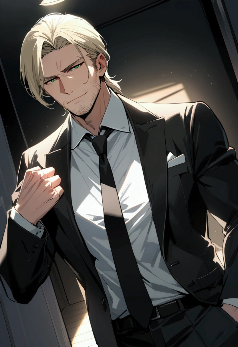 1man, veteran CIA agent, handsome mature, business hair with asymmetry bangs, narrow stubble, green platina blond hair, emerald eyes, 45yo, masculine gentleman, charming caucasian, ordinary uncle, pentagon shaped head, BREAK ideal ratio body proportions, middle weight muscular, beautiful detailed eyes, dark iris, BREAK solo, man in black suit, white shirt, black necktie, softly smile, BREAK upperlegs, dandy posing, dramatic expression, 2010s, visual novel, in newest eroge style, dutch angle, cinematic shadows, cinematic lighting, lens flare, extreme all detailed, masterpiece, best quality