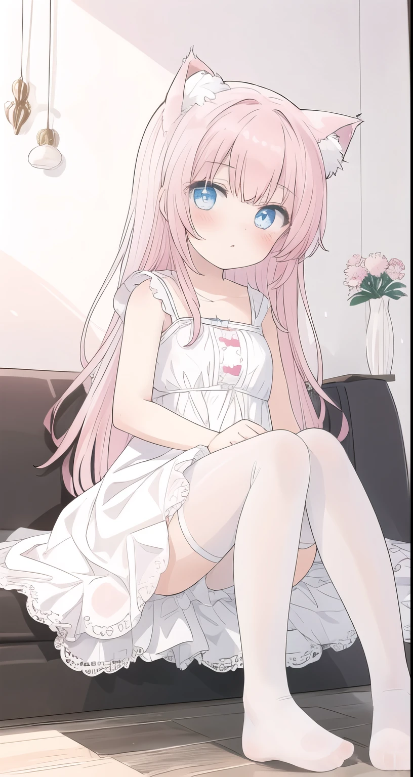 masterpiece, best quality,indoor,A girl,Pink Hair,Long hair,sit,blue eyes,White dress long dress,White stockings,roof,Cat ear,Lace,White shorts,