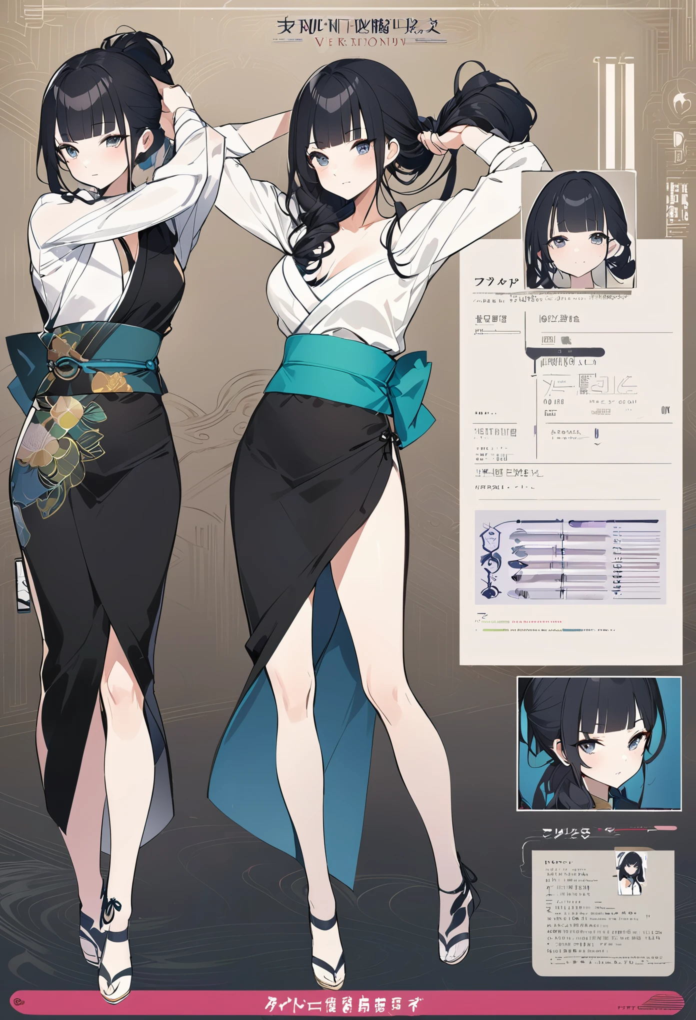 kimono、Virtual Character Design,Black Hair、blunt bangs、Tying up hair、Concept character sheet, face, Modern design, 1 female,Sexy concept, 