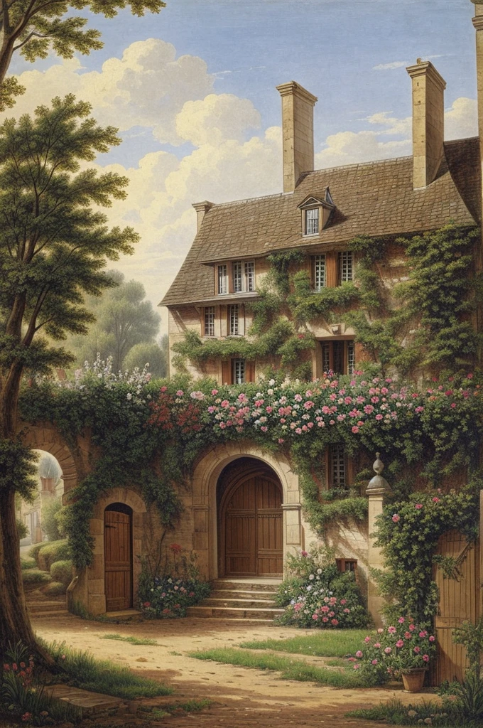 the old and low house,in paris,in 1830,in the middle ages,middle ages,flower filled garden,two-storied,gate,Two-storey,realistic picture