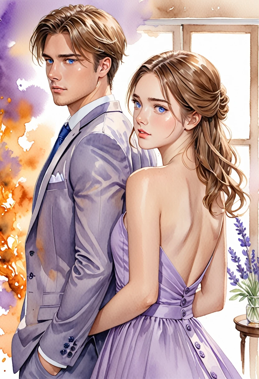 Realistic watercolor illustration of a beautiful 19-year-old girl with long brown hair and honey-colored eyes wearing a beautiful lavender bridesmaid dress, back to back. Behind her is an attractive man with short, dark blond hair and blue eyes, dressed in a suit. He is unbuttoning the buttons on her dress. The scene has to be evocative and fiery.