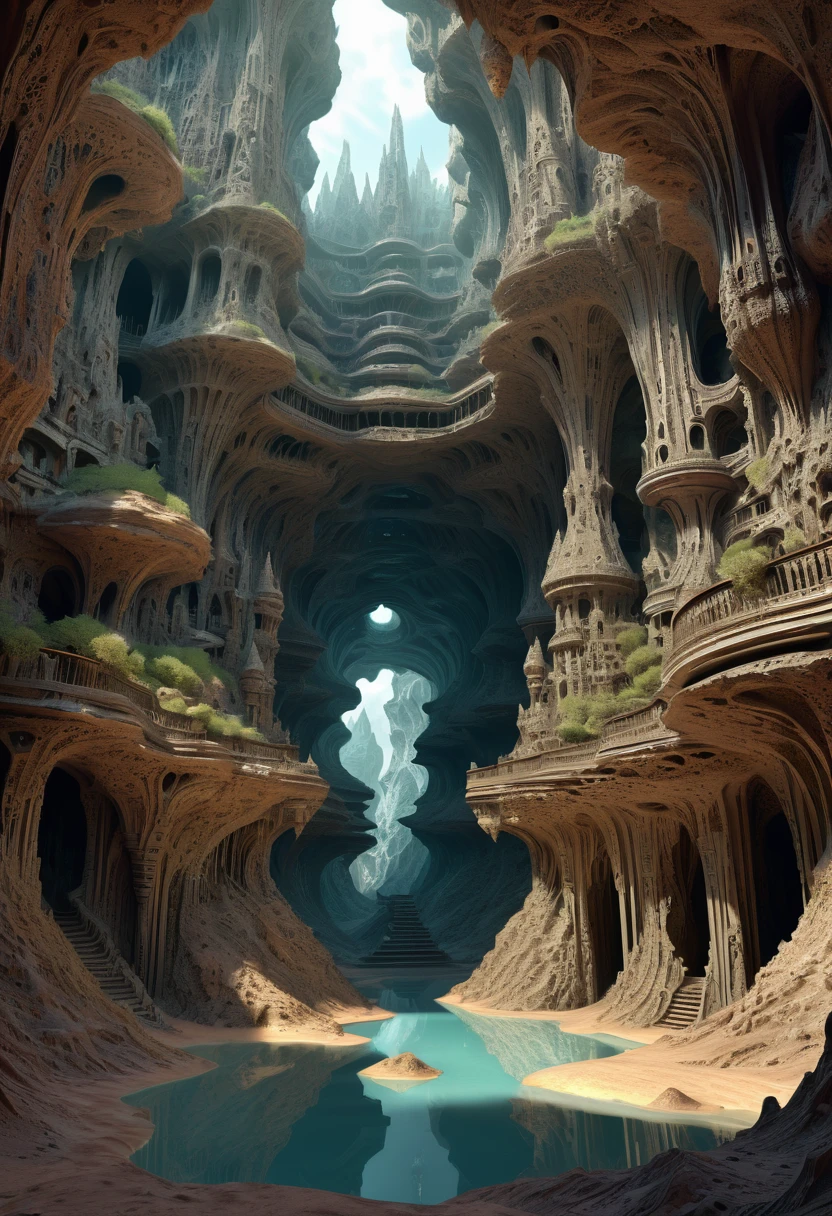there are many inverted cavities (different rooms, united by mandelbulb projections that form passages) in the middle of an underground canyon that forms a mandelbulb mud village at different heights with many balconies and stalactites and stalactites, fantasy architecture, Highly detailed 4K digital art, beautiful detailed fantasy, stunning fantasy landscape, detailed fantasy digital art, arstation and high beep, fantasy style 8k octane rendering, stuning fantasy 3d rendering, Detailed fantasy in 4K, fantasy 3d rendering, 3D rendering beep, deep and massive desert landscape, stalacmite cave labyrinth type very confusing geonosis bubbes, different perspective, with circular light inlets in the ceiling, many passageways