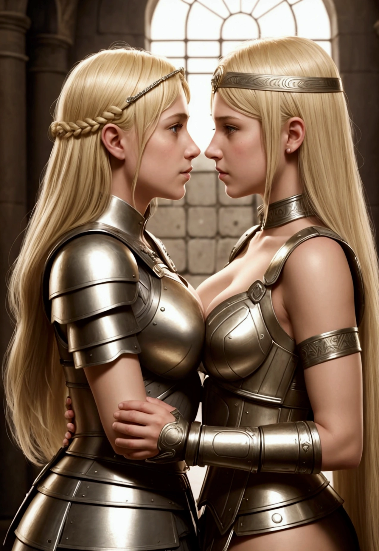 mother and daughter portrait break: mature woman, roman warrior, queens blade , middle age, blonde, detailed face, curvy body, fighter position, break: girl, roman warrior, princess blade , 13 yenager girl, s breasts, mini cropped, valkyrian princess ,blonde, detailed face, beautiful, confiant, background in uk land with flowers, soft lesbians, soft kiss