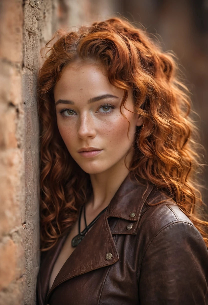 Beautiful woman with red curly hair and freckles on her face, extremely high quality RAW color photo with high detail, romantic mood, Canon EOS R5 effect, soft lighting, warm tones, depth of field effect, eye contact, wearing leather clothes in steampunk style, against a wall, detailed facial features, background lighting, bokeh, emotional depth, shine and radiance of the skin