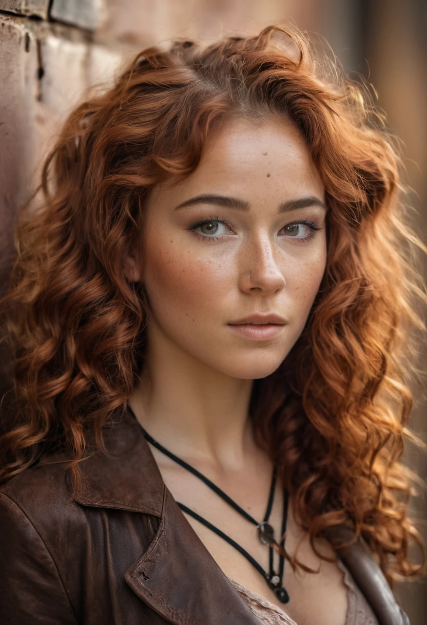 Beautiful woman with red curly hair and freckles on her face, extremely high quality RAW color photo with high detail, romantic mood, Canon EOS R5 effect, soft lighting, warm tones, depth of field effect, eye contact, wearing leather clothes in steampunk style, against a wall, detailed facial features, background lighting, bokeh, emotional depth, shine and radiance of the skin