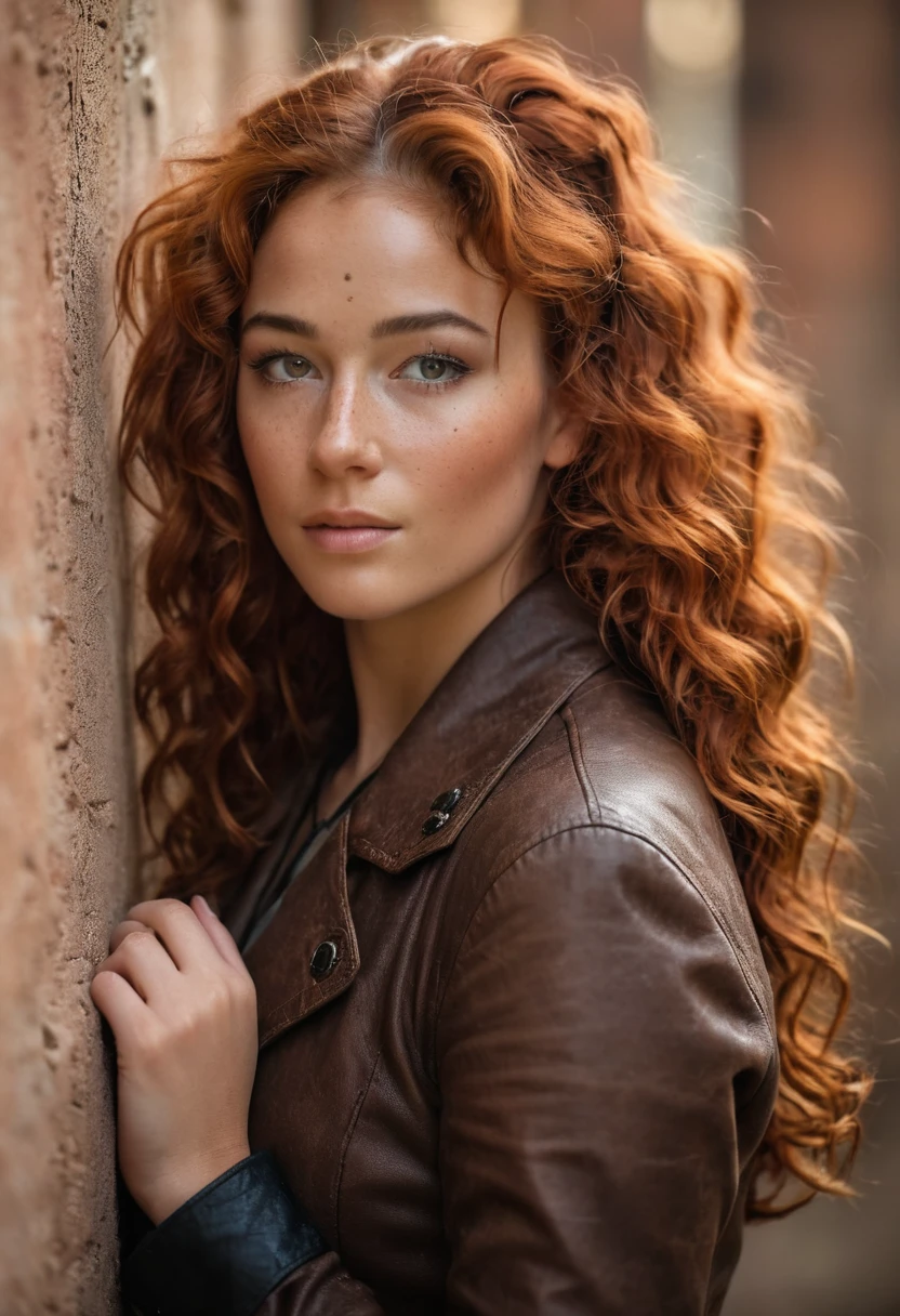 Beautiful woman with red curly hair and freckles on her face, extremely high quality RAW color photo with high detail, romantic mood, Canon EOS R5 effect, soft lighting, warm tones, depth of field effect, eye contact, wearing leather clothes in steampunk style, against a wall, detailed facial features, background lighting, bokeh, emotional depth, shine and radiance of the skin