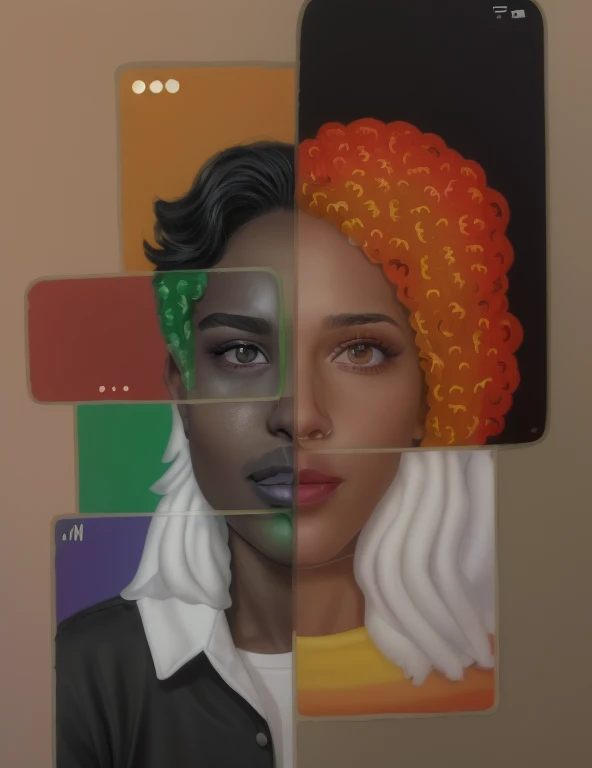 uma mulher negra e um homem moreno gay A beautiful young black woman embracing another person, lgbtqia+ acceptance, 1girl, beautiful detailed eyes, beautiful detailed lips, extremely detailed eyes and face, long eyelashes, warm hug, tender embrace, lgbtqia+ pride, warm colors, soft lighting, cinematic, digital art, highly detailed, photorealistic, masterpiece, 8k, ""jovens"", "aceitação", compartilhando, liberdade, expressão, normalização, acrescente no desenho uma bandeira que represente a comunidade lgbt junto a um arco iris e que seja nitido (bandeira lgbt), que tenha a cara de um homem em um dos celulares