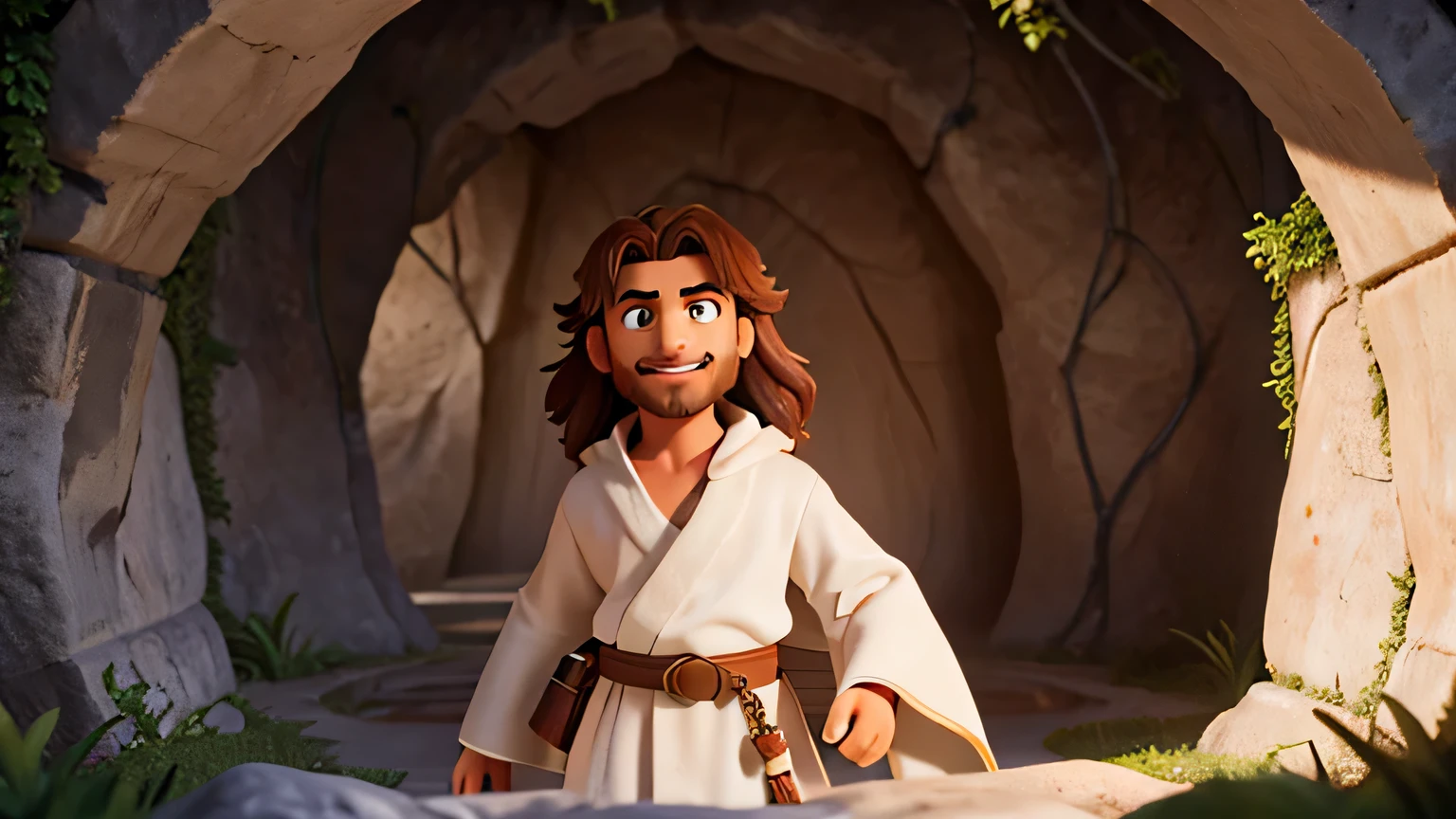 Man Jesus, dressed in white robe and red belt, smiling in the sky surrounded by clouds, with detailed eyes, extremely detailed face, intricate robes, warm lighting, vibrant colors, photorealistic, 8k, masterpiece, cinematic composition, dramatic lighting. volumetric lighting, chiaroscuro, divine, spiritual, serene, hopeful, bright aura, 4k, ultra detail