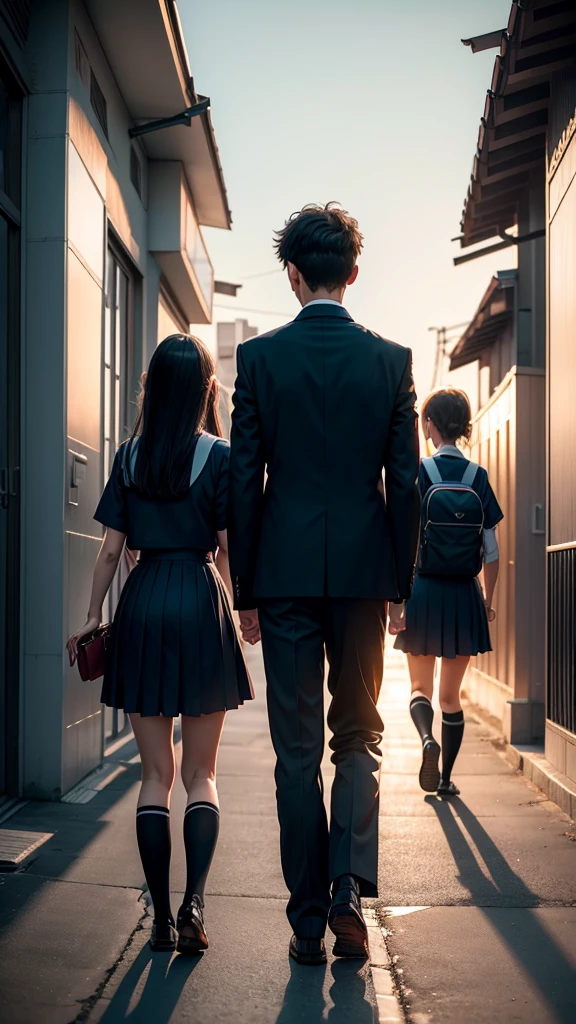 In the twilight、Boys and girls walking, Other people standing, seen from behind , School uniforms