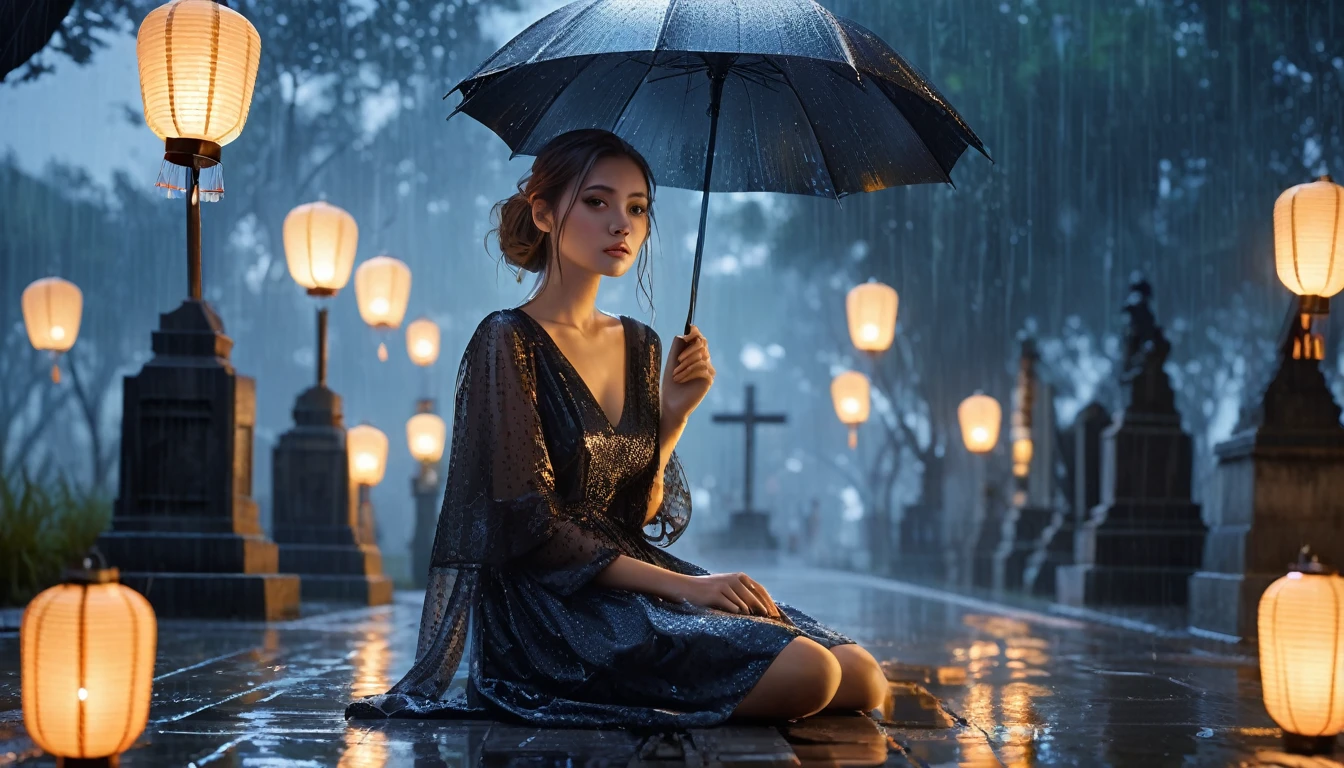 (Very detailed CG ユニティ 8k 壁紙), Beautiful young woman in the rain, dress, Sitting, Cemetery with lanterns, Style-Empire, (Style-Glass), (((Surrealism))), full_body_shot, dramatic, Backlight, light, Volumetric lighting, Detailed face, Very detailed, Painting