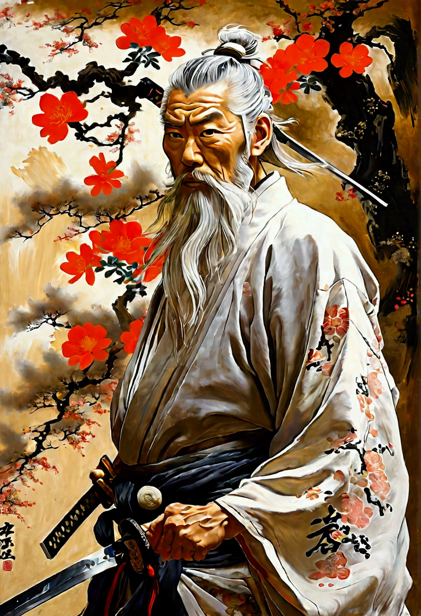 historic, Gray Hair,White long beard,Alafed image of a man with a sword in his hand, samurai portrait, inspired by Kanō Sanraku, miyamoto musashi, ancient Japanese Samurai, samurai portrait, Japanese Samurai, Inspired by Wu Daozi, Samurai Style, Samurai Man Wanderer, Traditional Japanese concept art, Works inspired by Kano Hogai
