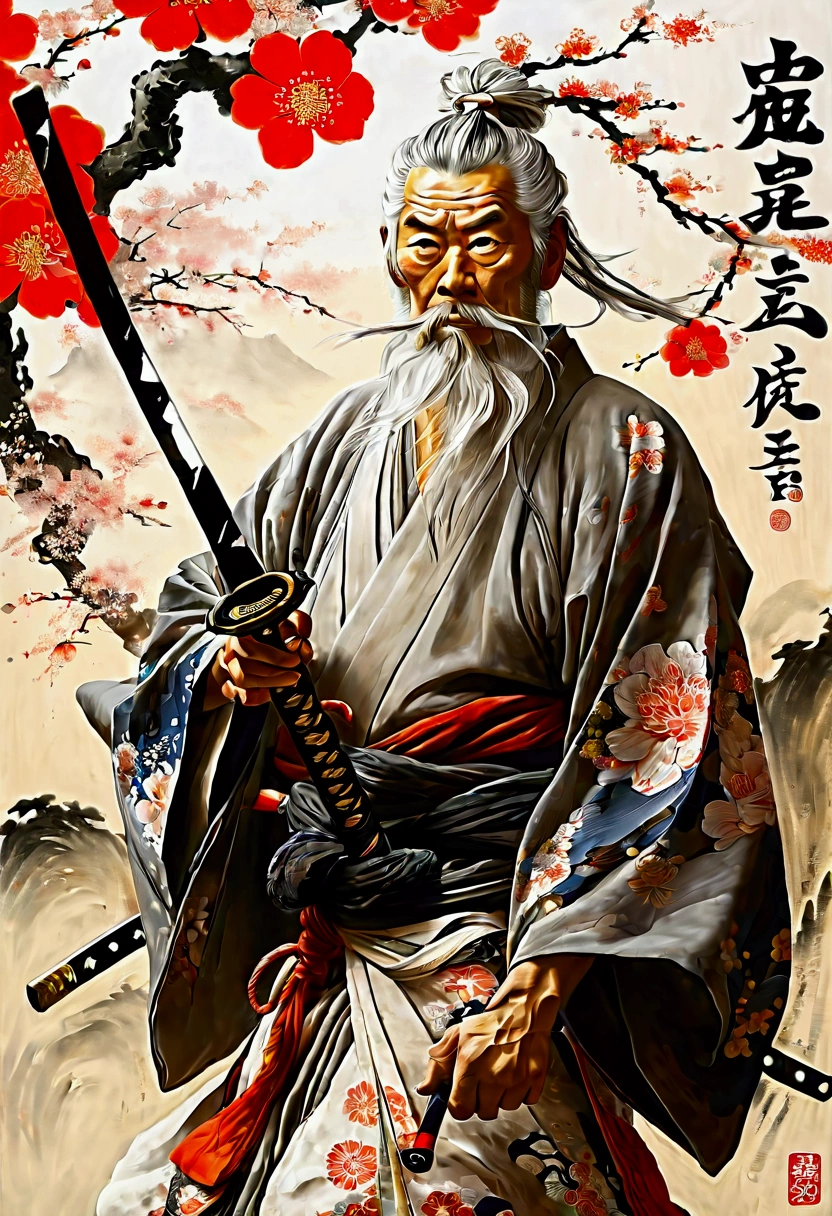 historic, Gray Hair,White long beard,Alafed image of a man with a sword in his hand, samurai portrait, inspired by Kanō Sanraku, miyamoto musashi, ancient Japanese Samurai, samurai portrait, Japanese Samurai, Inspired by Wu Daozi, Samurai Style, Samurai Man Wanderer, Traditional Japanese concept art, Works inspired by Kano Hogai
