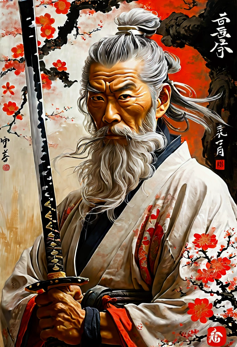 historic, Gray Hair,White long beard,Alafed image of a man with a sword in his hand, samurai portrait, inspired by Kanō Sanraku, miyamoto musashi, ancient Japanese Samurai, samurai portrait, Japanese Samurai, Inspired by Wu Daozi, Samurai Style, Samurai Man Wanderer, Traditional Japanese concept art, Works inspired by Kano Hogai
