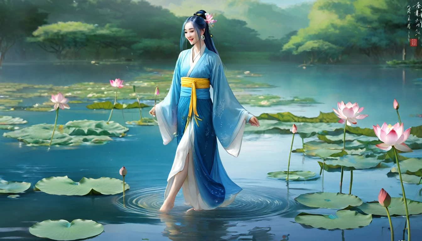 ((4K,masterpiece,Highest quality)), Shui Movissim, Chinese painting, Lotus, Hanfu, Maxi Kit, Dress Open, swf 1 girl, alone, Long Blue Hair, smile, Are standing, Soak your feet in water, barefoot,