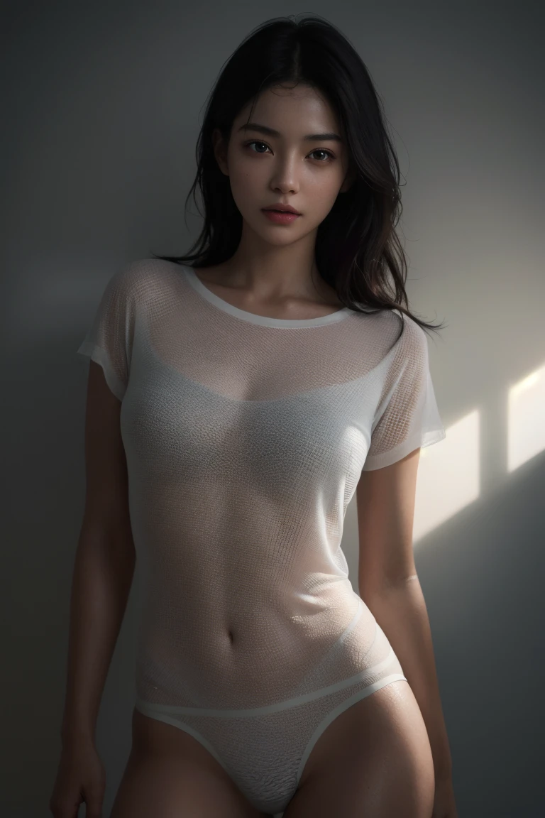 nude、(Photorealistic: 1.4), (超Realisticな: 1.4), (Realistic: 1.3), (Smooth lighting: 1.05), (Improving the quality of cinema lighting: 0.9), 32K, 1 girl, 20-year-old girl, Realistic Lighting, Backlight, Face Light, Ray Tracking, (Bright light: 1.2), (Quality improvement: 1.4), ( Highest quality realistic textured skins: 1.4), Fine grain, Detailed face, Quality Eyes, (tired, Sleepy and satisfied: 0.0), Face close-up, T-Shirts, (Enhances the body line: 1.1), (Enhances skin texture: 1.1) masterpiece, Ultra-high resolution, (Photorealisticistic: 1.4), RAW Photos, 1 girl, darkness, Deep Shadow, Modest, Cold light, thin clothes, wet body, underwear, see-through underwear