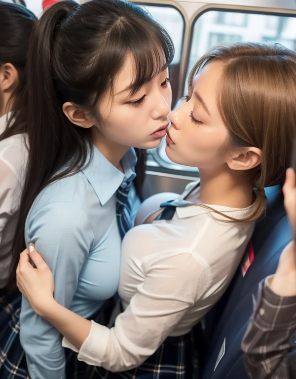 8k,masterpiece,Japanese,best quality, two (schoolgirls:1.2), (vengeful:1.2), on crowded train, (breasts:1.1) , (shirt:1.1)